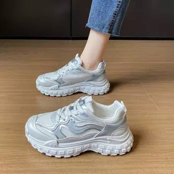 Кроссовки с сетчатой подошвой для женщин 2024 года, модные осенние туфли на шнуровке, легкие, удобные и дышащие, туфли для папы на толстой подошве 35 белый