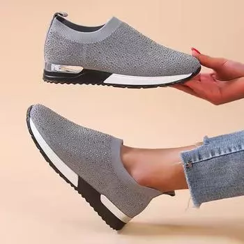 Кроссовки со стразами и сеткой, женские, легкие, дышащие, повседневные, новые, модные, белые, на танкетке, мокасины, плоские туфли для женщин 35 бежевый