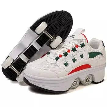 Кроссовки Wheels с двойными колесами Роликовые кроссовки для мальчиков и девочек Роликовая обувь Обувь для деформаций Роликовые коньки Обувь 33 белый/зелёный