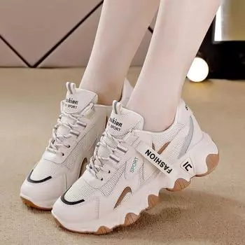 Кроссовки Zapatillas Mujer, модные сетчатые кроссовки на платформе, кожаные туфли, дышащие, повседневные спортивные туфли Socofy, женские туфли на плоской подошве 2024 года 36 бежевый