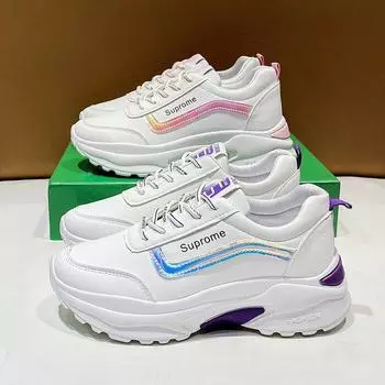 Кроссовки, женские белые туфли с блестками, женские весенне-осенние дышащие новые дорожные туфли в корейском стиле, увеличивающие рост, кроссовки на плоской подошве 35