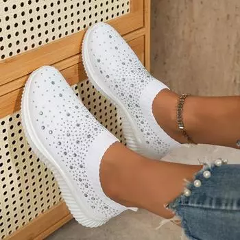 Кроссовки женские блестящие кристальные туфли на плоской подошве весенние дышащие трикотажные кроссовки на платформе женские удобные мягкие спортивные туфли 35