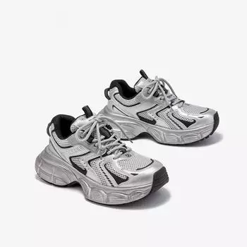 Кроссовки женские дышащие сетчатые однотонные на шнуровке с толстой подошвой повседневные весенние женские спортивные туфли 35 серебряный