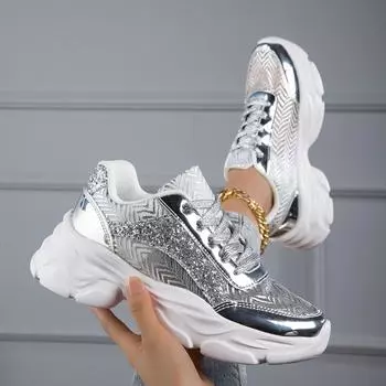 Кроссовки, женские кроссовки на платформе с блестящим дизайном, повседневная уличная обувь на шнуровке, удобная спортивная обувь с низким берцем 35 серебряный