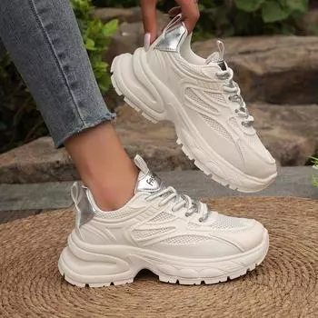 Кроссовки женские летние тонкие сетчатые дышащие кроссовки с толстой подошвой, увеличивающие рост, маленькие белые туфли с сеткой 36 серебряный
