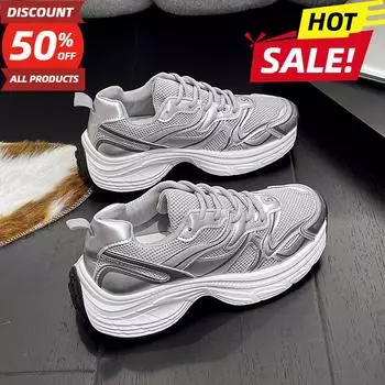 Кроссовки женские повседневные белые туфли модные увеличивающие рост толстые подошвы пружинная платформа кожаные женские массивные кроссовки 2024 36 серебряный