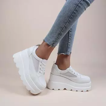 Кроссовки женские тенденции НОВЫЕ Белые Кроссовки на танкетке Обувь на платформе Дышащие Туфли-лодочки на толстой платформе Туфли на каблуках Женские каблуки 35