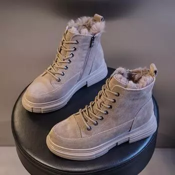 Кроссовки женские теплые модные ботильоны плюшевые меховые сохраняющие тепло женские туфли на шнуровке с круглым носком удобные женские туфли 658 35 чёрный