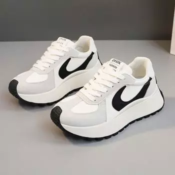 Кроссовки женские толстые 2025 Весна толстая подошва дизайнер добавляет высоту обуви круглый носок шнуровка кроссовки для бега на открытом воздухе Zapatos Mujeres 35 чёрный