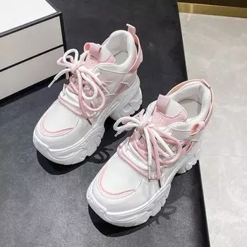 Кроссовки женские толстые удобные повседневные туфли на платформе с увеличенной высотой 2025 года модные кроссовки на шнуровке Tenis De Mujer 34 розовый