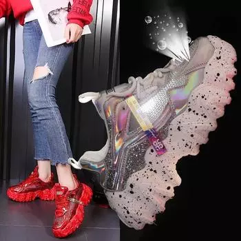 Кроссовки женские весна 2021 мода блестящая ткань блестящие дышащие круглый носок досуг массивные женские туфли 35 чёрный
