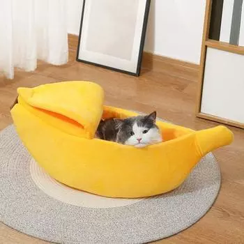 Кровать для домашних животных в форме банана, полузакрытый спальный мешок для домашних животных, зимний теплый домик для кошек S зелёный