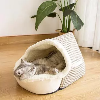 Кровать для кошек для домашних кошек и собак Кошачья пещера с двусторонней подушкой для всех сезонов Мягкая хлопковая кровать премиум-класса для кошек с противоскользящим покрытием 52*38*33cm