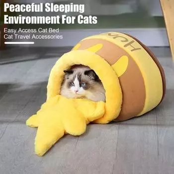 Кровать для кошек Honey Pot, зимний теплый спальный мешок для кошек, полуфиксированная кровать для кошек из мультфильмов, мягкая палатка для домашних животных, гнездо для котят и щенков жёлтый