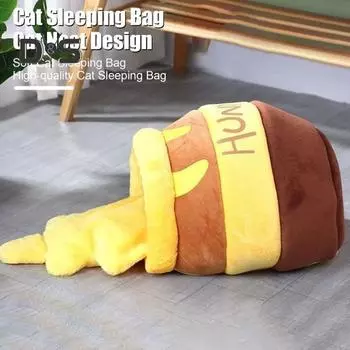 Кровать для кошек Honey Pot, зимний теплый спальный мешок для кошек, полуфиксированная кровать для кошек из мультфильмов, мягкая палатка для домашних животных, гнездо для котят и щенков жёлтый