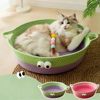 Кровать для кошек с большими глазами, круглая тканая хлопчатобумажная веревка, кровати для кошек для использования в помещении и на улице, кровать для маленьких собак, корзина-гнездо с царапинами, кровати для кошек, котят, щенков, домашних животных S зелё