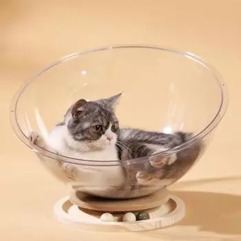 Кровать для кошек Space Capsule, гнездо для кошек в помещении с игрушкой-трекболом, подставка из цельного дерева, прозрачный домик для кошек на все времена года S