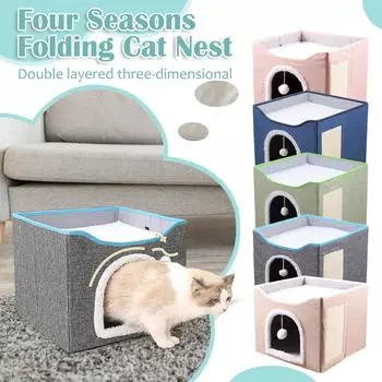 Кровать для кошек в помещении - большая пещера для кошек с подвесным мячом, складная для кошек, 16,5x16,5x13 дюймов, уютные облака синего цвета One Size