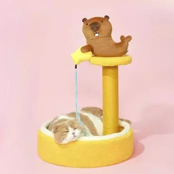 Кровать-когтеточка для кошек Wishing Pool с мягкими когтеточками, покрытыми сизалем, и подвесным шариком. Милый стиль, отлично подходит для котят и кошек. 42x42x58cm жёлтый