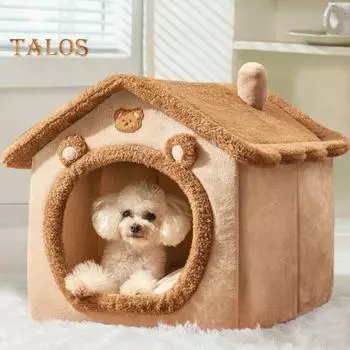 Кровать-пещера для домашних животных со съемной подушкой-подушкой в виде мультяшного медведя, закрытый домик для кошек, собак, котят, щенков, зимнее теплое плюшевое гнездо для сна, товары для животных S