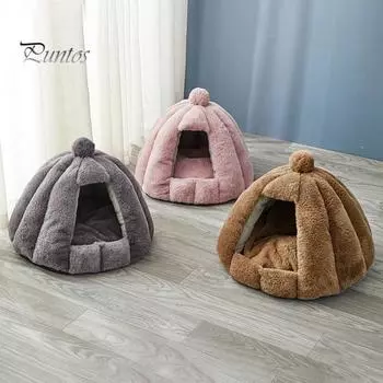 Кровать-тыква для кошек, уютное гнездо для домашних животных, мягкая кровать-пещера для кошек, палатка для домашних животных со съемной подушкой, теплое место для отдыха кошек и котят маленьких собак L коричневый