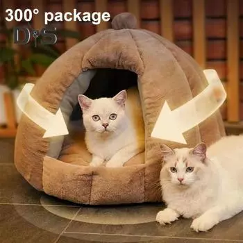 Кровать-тыква для кошек, уютное гнездо для домашних животных, мягкая кровать-пещера для кошек, палатка для домашних животных со съемной подушкой, теплое место для отдыха кошек и котят маленьких собак L коричневый