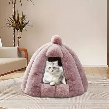 Кровать-тыква для кошек, уютное гнездо для домашних животных, мягкая кровать-пещера для кошек, палатка для домашних животных со съемной подушкой, теплое место для отдыха кошек и котят маленьких собак L коричневый
