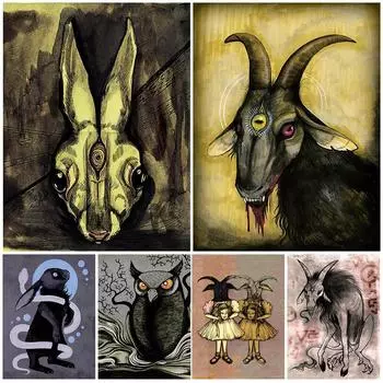 Кровожадный ягненок и змея, сова, винтажное ужасное животное, настенное искусство, холст, картина, сова и коза, человек, абстрактный плакат с принтом, декор без рамки 21*30cm