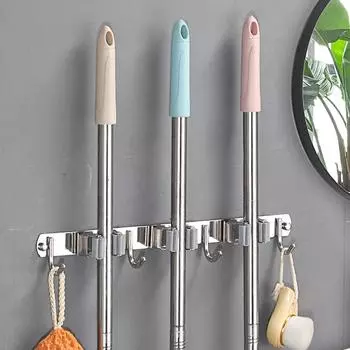 Крючок для хранения полотенец, держатель для швабры из нержавеющей стали, аксессуары для организации пространства на кухне и в ванной, настенный многофункциональный держатель для метлы 2 Holders 3 Hooks