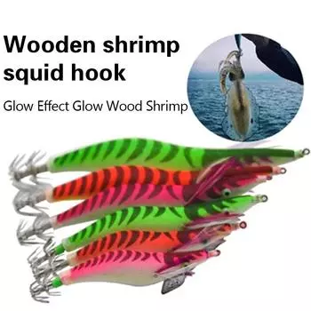 Крючок для кальмара Деревянный креветка Крючок для кальмара, кальмар Деревянный креветка Светящаяся деревянная креветка Luya Поддельная приманка Поддельные креветки Рыбалка на кальмара