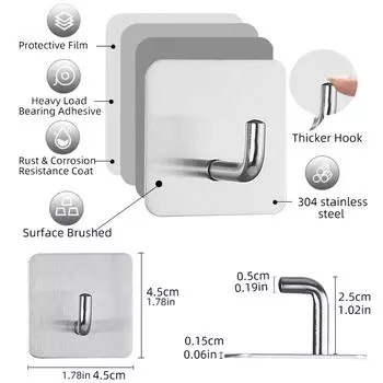 Крючок из нержавеющей стали 304 с самоклеящейся основой для ванной комнаты, без сверления, для одежды, пальто и шляп - Одинарная самоклеящаяся металлическая вешалка.