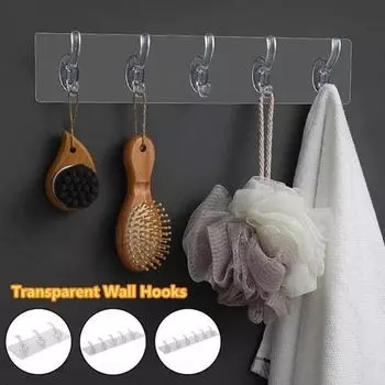 Крючок Прозрачный Настенный Подвес для Ванной Комнаты Инструмент Для Хранения Отделки Дома Непрерывный Ряд Крючков Без Перфорации Прочная и Бесшовная Дверная Вешалка 1 Pcs 3 Hook
