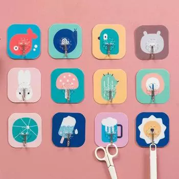 Крючок с рисунком из мультфильма, крючок для задней двери, без перфорации, для кухни, ванной, самоклеящийся, многофункциональный, прочный, неперфорированный крючок 12 PCS