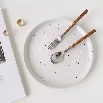 Круглая 8-дюймовая керамическая обеденная тарелка, украшение для стола в гостиную, черно-белая чернильная тарелка в горошек, скандинавская бытовая посуда, тарелка