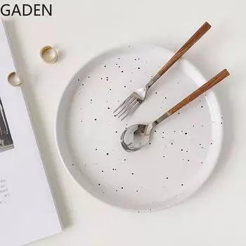 Круглая 8-дюймовая керамическая обеденная тарелка, украшение для стола в гостиную, черно-белая чернильная тарелка в горошек, скандинавская бытовая посуда, тарелка жёлтый