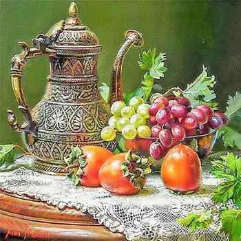 Круглая алмазная картина, фруктовый чайник, вышивка крестиком, горный хрусталь, мозаика, домашний декор 30x30CM