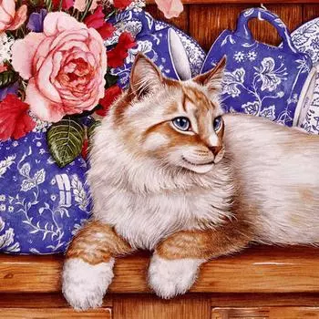 Круглая алмазная живопись цветы и кошка вышивка крестом горный хрусталь мозаика домашний декор 30x30CM