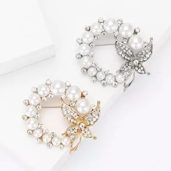 Круглая брошь-бабочка из высококачественного сплава с жемчугом и стразами, изысканная и универсальная женская одежда, ювелирное украшение-булавка для корсажа