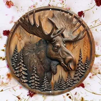 Круглая деревянная резьба по дереву в виде лося и сосен, настенный декор, водонепроницаемый знак для внутреннего и наружного использования, венок в деревенском стиле для двери, стены, дома, комнаты Wood