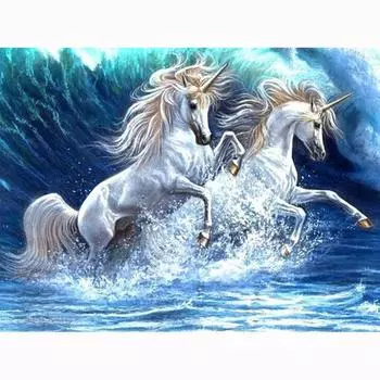 Круглая дрель 5D DIY Алмазная картина Два единорога в воде 3D Вышивка крестом Горный хрусталь 20X30CM