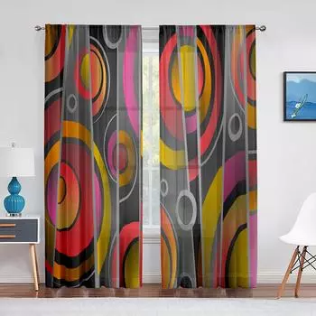 Круглая геометрическая вуаль с принтом, полосатая линия, художественная шифоновая оконная тюлевая штора для гостиной, спальни, кухни, драпировка, домашний декор 1 PCS W100XH250cm&Rod Pocket