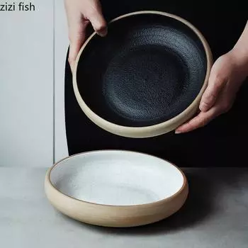 Круглая глубокая тарелка в японском стиле, ретро-суповая тарелка, блюдо для сашими, салатная тарелка, десертные тарелки для закусок, кухонная грубая керамическая посуда