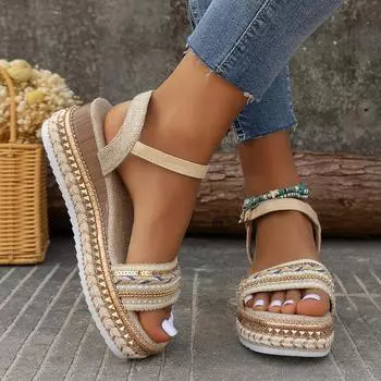 Круглая голова, одно слово, большой размер, стремя на одну ногу, модная пряжка с крючком, толстая подошва, заклепки из пеньковой веревки, модные тапочки, сандалии для женщин 43 синий