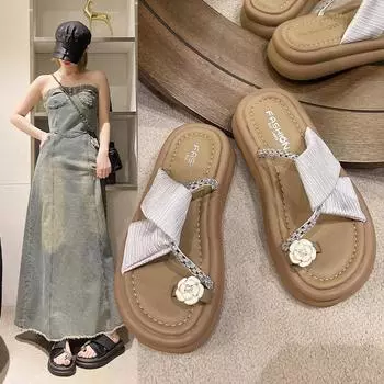 Круглая головка, носок, без застежек, металлическое украшение, мягкая подошва, мягкая поверхность, толстая подошва, летние новые модные женские тапочки 2024 года 35 бежевый