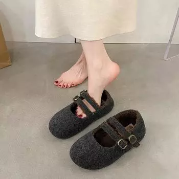 Круглая головка с неглубоким горлом бархатные две носки хлопковые туфли 2024 зимние новые ретро туфли с мягкой подошвой пушистые женские туфли Doudou с двойной пряжкой прилив 35 темно-серого