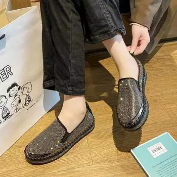 Круглая головка с неглубоким горлом, низкий верх, стразы, большой размер, плоская подошва, повседневные туфли с одной педалью 35 серебряный