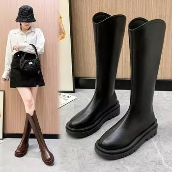 Круглая головка с толстой подошвой, застежка-молния, но сапоги до колена Узкие высокие сапоги Рыцарские сапоги Женские сапоги осень и зима 2025 Новый британский стиль 35 чёрный