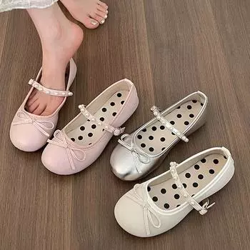Круглая головка серебристая маленькая ароматная ветер легкий ротик плоская подошва одиночные туфли женские 2025 новая летняя юбка жемчужные женские туфли Мэри Джейн 35 бежевый