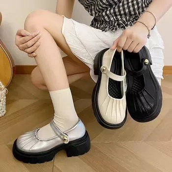 Круглая головка универсальные с юбкой Jk платформа маленькие кожаные туфли женские летние новые серебристые туфли Мэри Джейн на французском толстом каблуке 35 серебряный