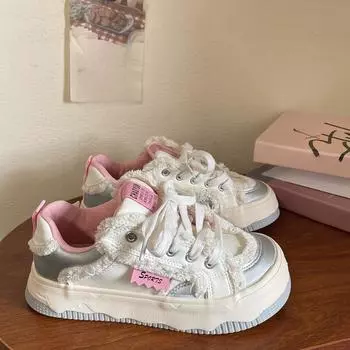 Круглая головка уродливые милые серебристые пудровые туфли на толстой подошве белые женские осенние новые кожаные повседневные нишевые грубые спортивные туфли для досок 35